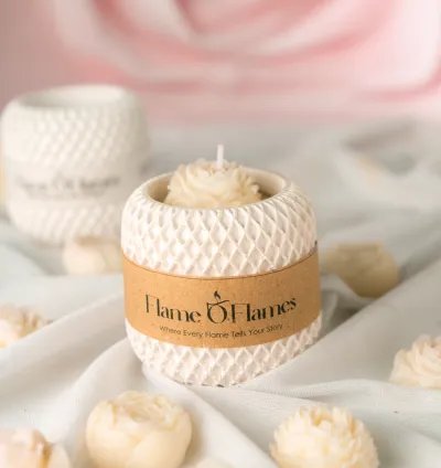 Celestial Rose – Luxury Handmade Rose Attar Infused Soy Wax Scented Candle in White Concrete Vessel